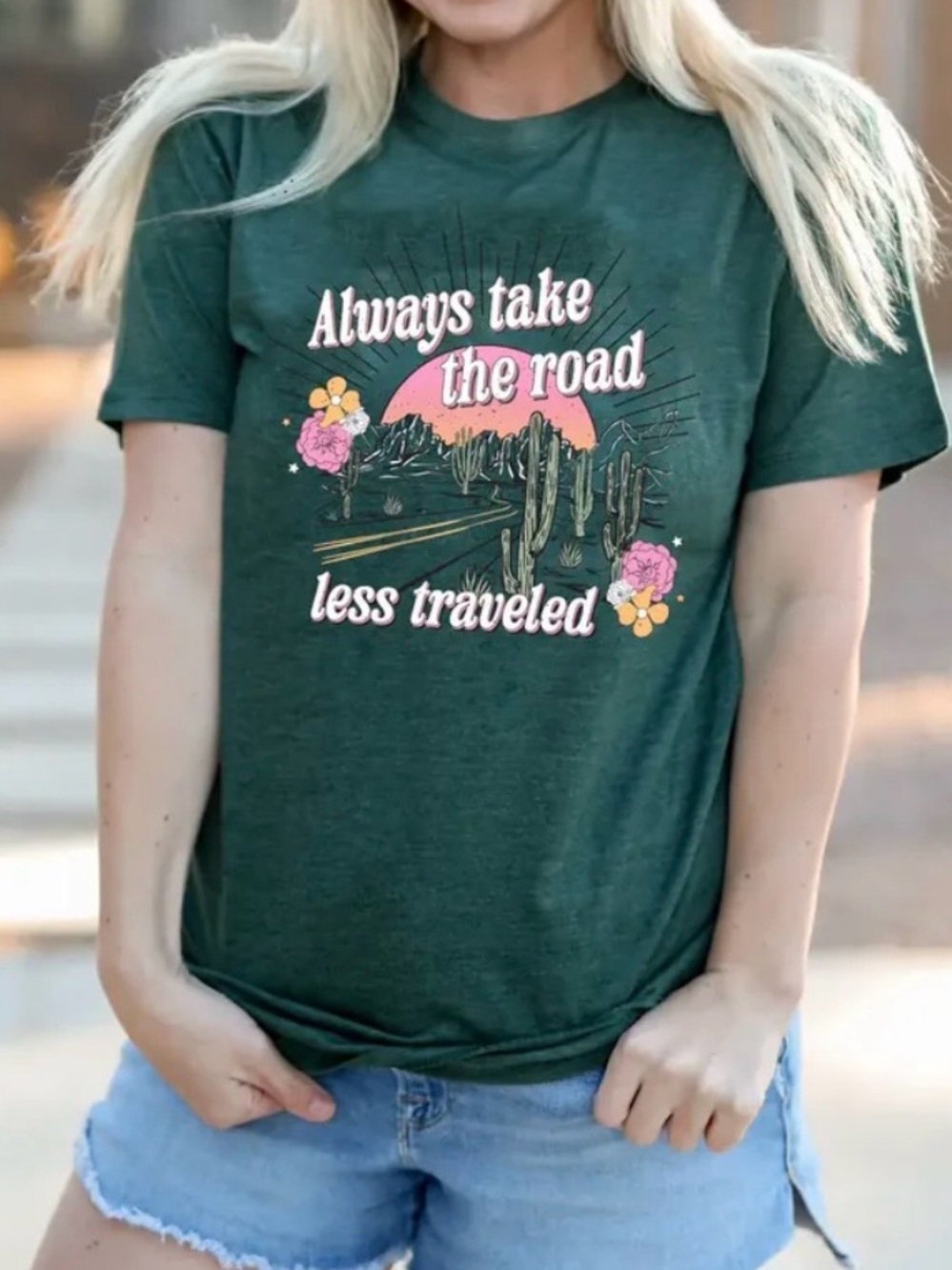 NWT Green “Always Take The Road Less Traveled” Graphic Tee - Size: Medium
